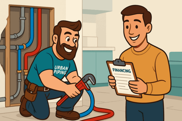 Urban Piping technician repairing poly b pipes while homeowner reviews financing options on clipboard in a modern Canadian home