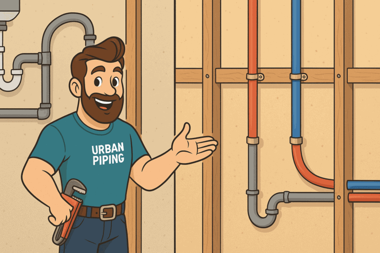 Creating a Poly B Risk Management Plan for Canadian Homeowners 2 Cartoon plumber wearing Urban Piping shirt explaining poly b piping and risk management solutions with exposed pipes in a wall frame in a Canadian home