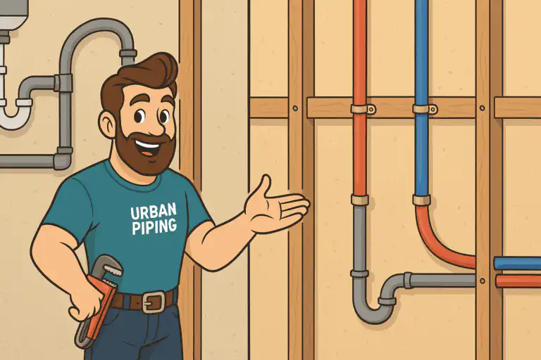 Cartoon plumber wearing Urban Piping shirt explaining poly b piping and risk management solutions with exposed pipes in a wall frame in a Canadian home