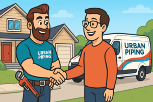 Cartoon plumber in Urban Piping shirt shaking hands with a smiling homeowner in front of a suburban house and branded service van, representing poly b risk management plan services in Calgary Edmonton and Vancouver