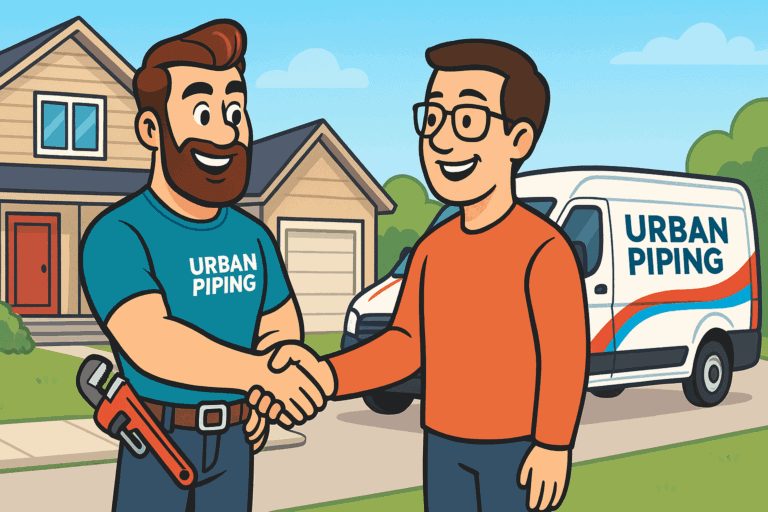 Creating a Poly B Risk Management Plan for Canadian Homeowners 6 Cartoon plumber in Urban Piping shirt shaking hands with a smiling homeowner in front of a suburban house and branded service van, representing poly b risk management plan services in Calgary Edmonton and Vancouver