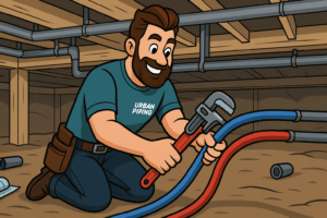 Cartoon of an Urban Piping plumber inspecting blue and red pipes in a crawl space, identifying poly b plumbing in a Vancouver area home