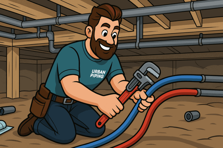 Identifying Poly B Pipes in Vancouver Homes: Visual Inspection Guide 1 Cartoon of an Urban Piping plumber inspecting blue and red pipes in a crawl space, identifying poly b plumbing in a Vancouver area home