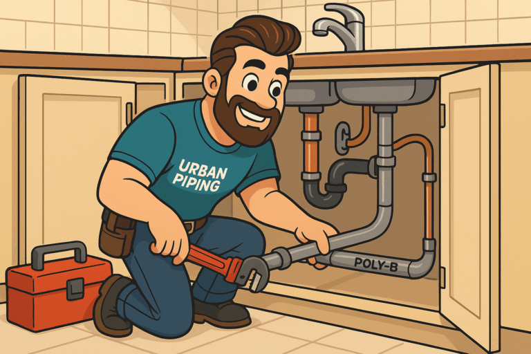 CMHC Guidelines for Poly B Pipes in Canadian Homes 4 Urban Piping technician kneeling under a kitchen sink inspecting labeled poly b pipes with a wrench and toolbox following poly b cmhc guidelines in Canada