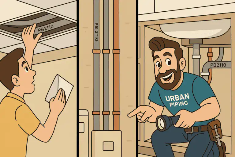 Illustration showing a homeowner checking exposed pipes for PB2110 poly b markings and an Urban Piping technician inspecting plumbing under a sink, representing poly b failure signs in Calgary, Edmonton, and Vancouver homes