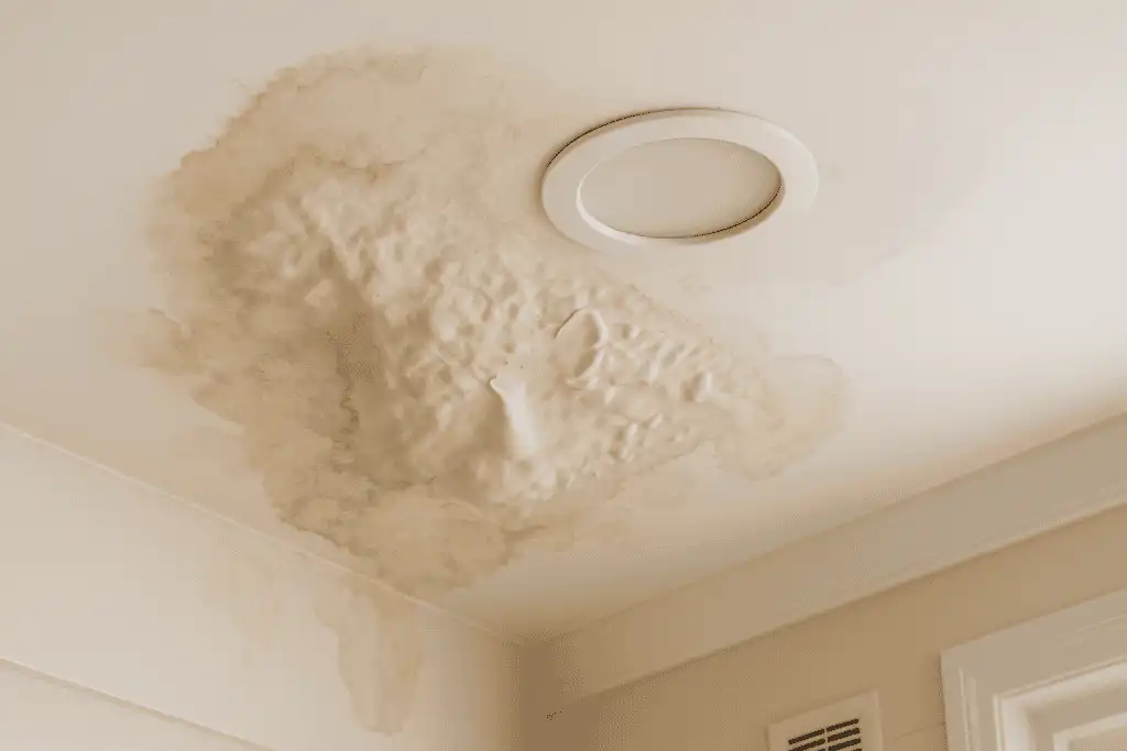 Water damage on ceiling from a burst pipe in an Edmonton home