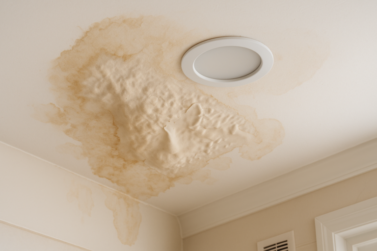 9 Clear Signs of Poly B Plumbing Failure in Edmonton Homes 1 Ceiling with severe water damage and discoloration near a recessed light, showing common poly b failure signs in Edmonton homes