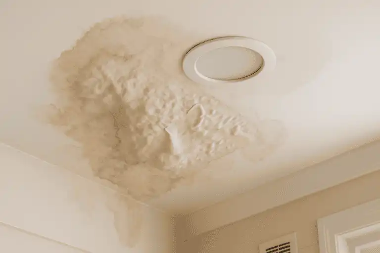 Ceiling with severe water damage and discoloration near a recessed light, showing common poly b failure signs in Edmonton homes