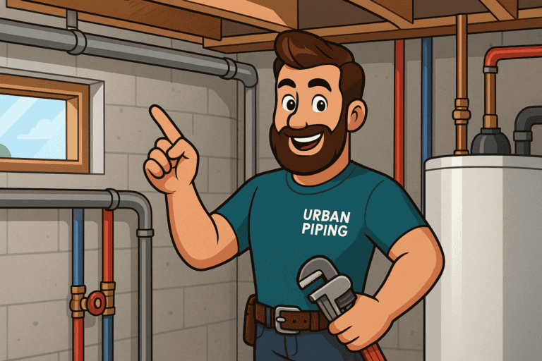 Home Insurance & Poly B Pipes: What Canadian Homeowners Must Know 1 Cartoon plumber wearing an Urban Piping shirt smiling and pointing upwards in a basement with exposed poly b pipes and a water heater, representing plumbing insurance services in Canada.