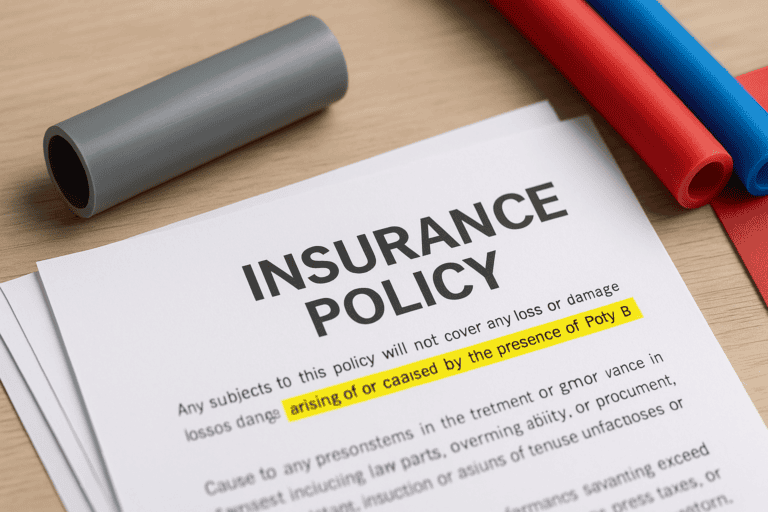 Home Insurance & Poly B Pipes: What Canadian Homeowners Must Know 2 Close-up of an insurance policy document highlighting Poly B exclusion with grey, red, and blue Poly B pipes on a wooden desk