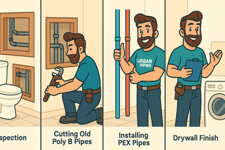 Illustration of a plumber inspecting poly b pipes, cutting old pipes, installing new PEX piping, and performing drywall finishing, representing the poly b replacement timeline by Urban Piping in Canadian homes