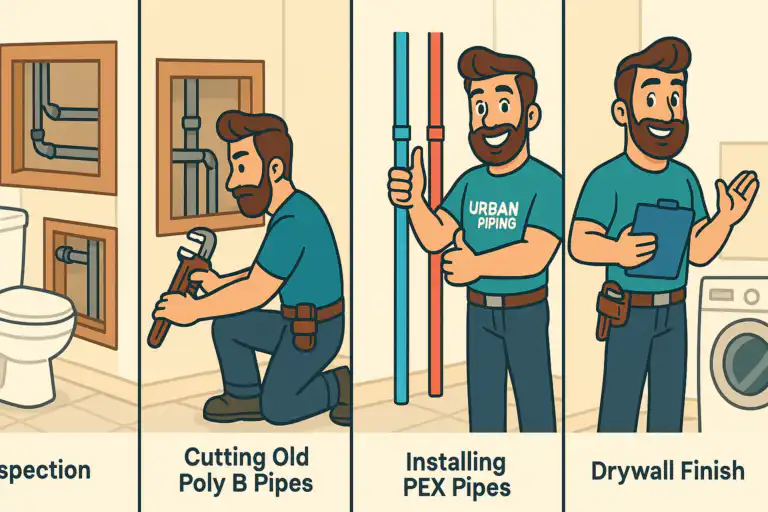 Illustration of a plumber inspecting and replacing plumbing pipes in a home, showing the house repiping process from old pipe removal to new pipe installation