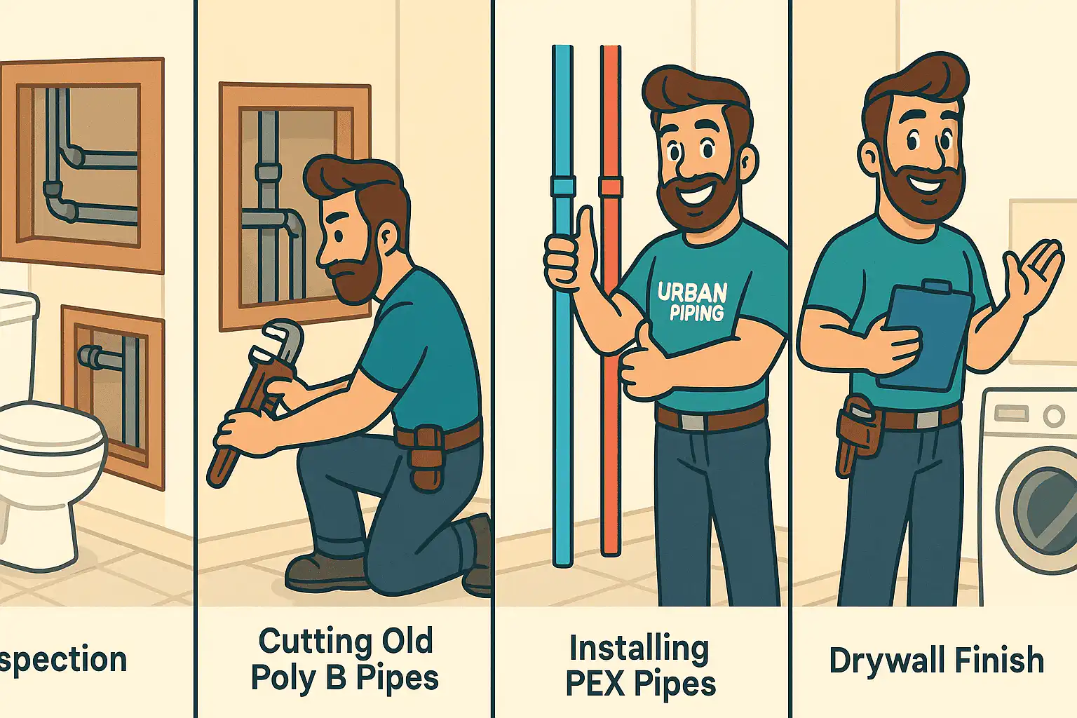 Illustration of a plumber inspecting and replacing plumbing pipes in a home, showing the house repiping process from old pipe removal to new pipe installation