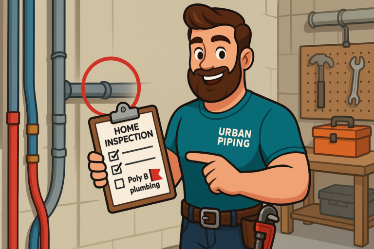 Cartoon plumber from Urban Piping holding a home inspection checklist next to highlighted Poly B plumbing pipes in a basement utility room, illustrating Poly B replacement needs in Canada.