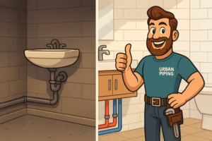 split image showing old plumbing under a sink on the left and a smiling Urban Piping plumber with updated pipes and a thumbs up in a modern bathroom on the right