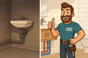 Poly B Replacement 139 split image showing old plumbing under a sink on the left and a smiling Urban Piping plumber with updated pipes and a thumbs up in a modern bathroom on the right