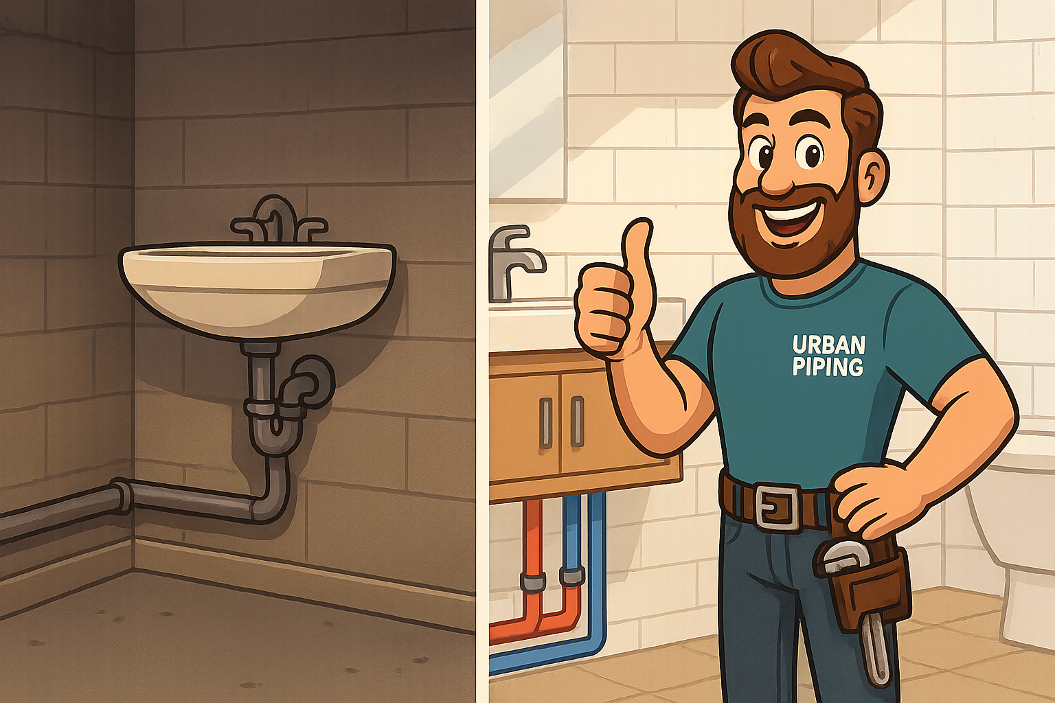 split image showing old plumbing under a sink on the left and a smiling Urban Piping plumber with updated pipes and a thumbs up in a modern bathroom on the right