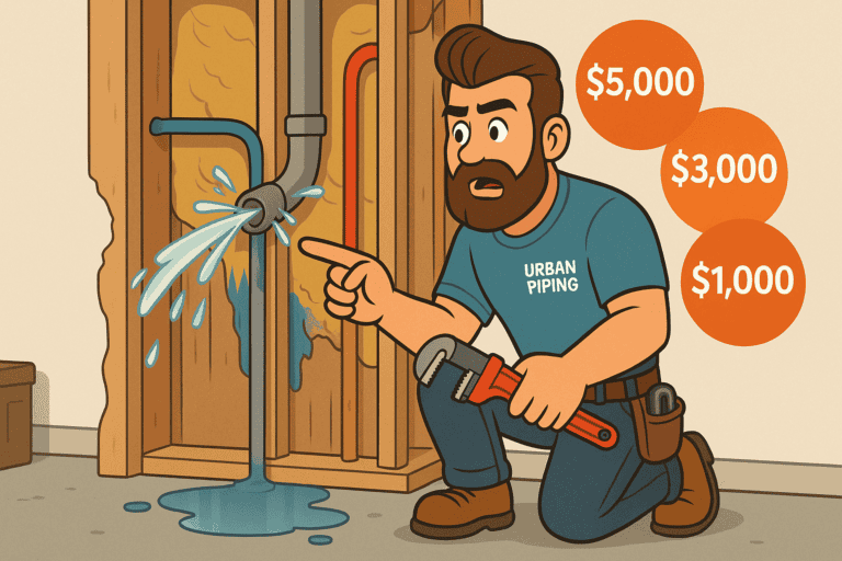 Cartoon plumber from Urban Piping kneeling in front of leaking poly b pipe in townhouse wall with visible water damage and cost estimates on wall