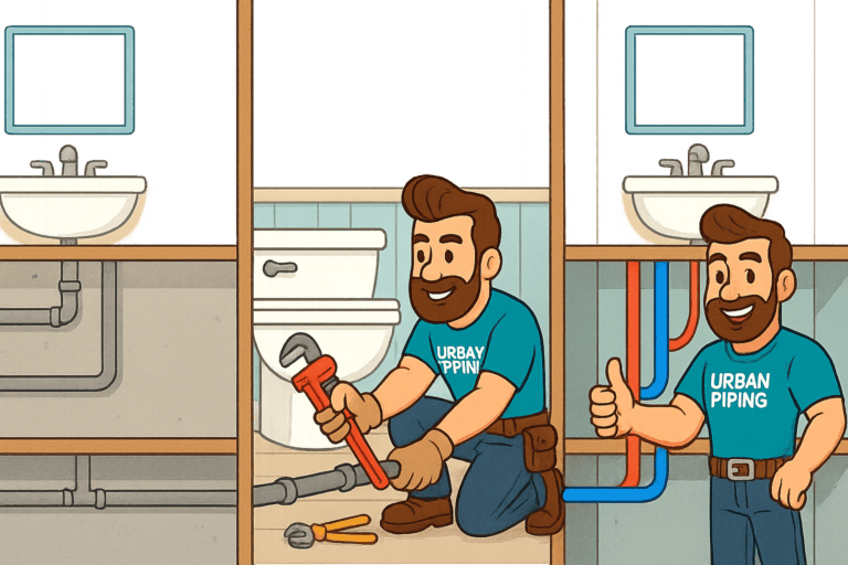 Cartoon plumber wearing Urban Piping shirt replacing poly B pipes in townhouse bathroom, highlighting before and after plumbing work