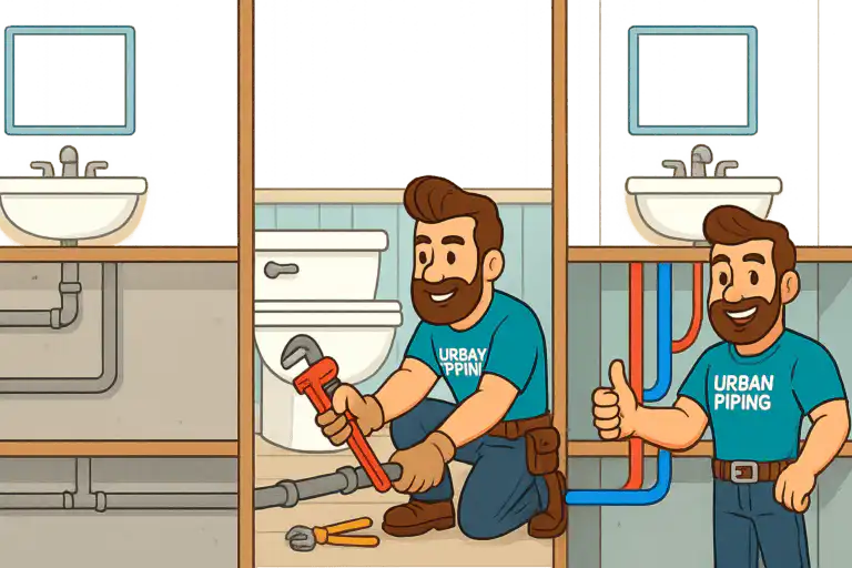 Cartoon plumber wearing Urban Piping shirt replacing poly B pipes in townhouse bathroom, highlighting before and after plumbing work