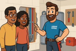 Cartoon Urban Piping plumber explaining poly b townhouse pipe replacement to homeowners inside a utility room with exposed plumbing in Calgary