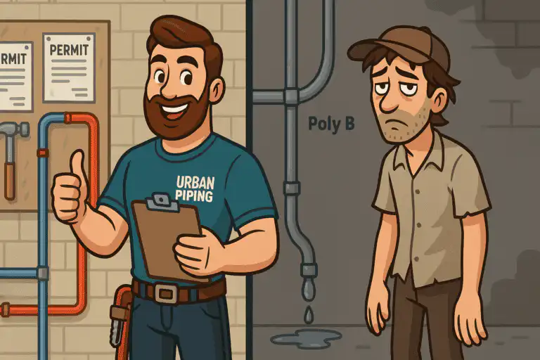 Cartoon of a happy Urban Piping technician giving a thumbs up beside a satisfied customer and leaking Poly B plumbing in a townhouse setting, illustrating professional poly b townhouse replacement in Calgary