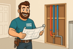 Poly B Replacement 76 Cartoon plumber from Urban Piping reviewing blueprints next to exposed poly b pipes inside a residential wall, highlighting signs of plumbing failure in Edmonton