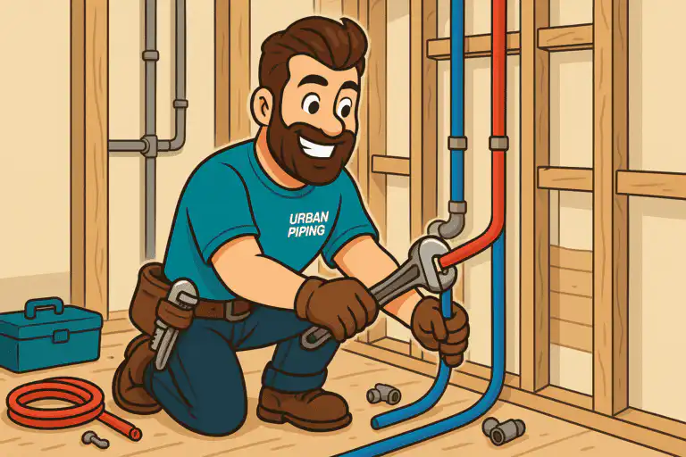 Cartoon plumber wearing Urban Piping shirt repairing blue and red poly b pipes inside a wood framed wall with tools and fittings nearby