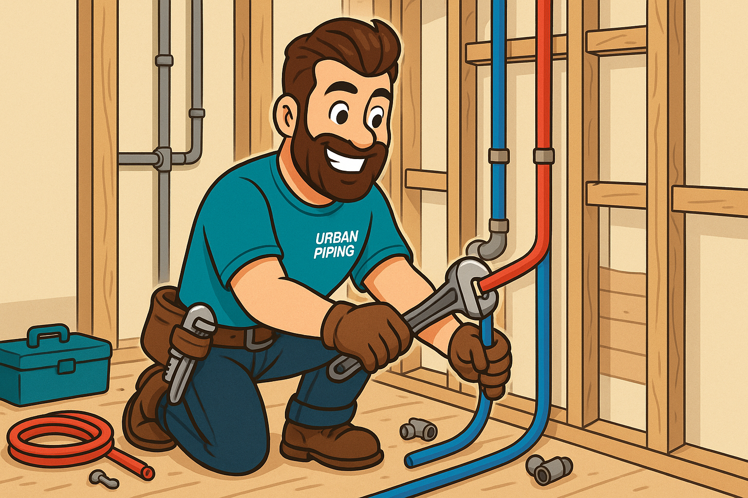 Cartoon plumber wearing Urban Piping shirt repairing blue and red poly b pipes inside a wood framed wall with tools and fittings nearby