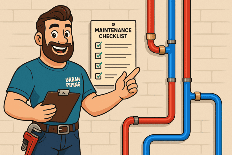 Cartoon plumber from Urban Piping holding a clipboard and pointing to a maintenance checklist on a wall beside red and blue townhouse plumbing pipes